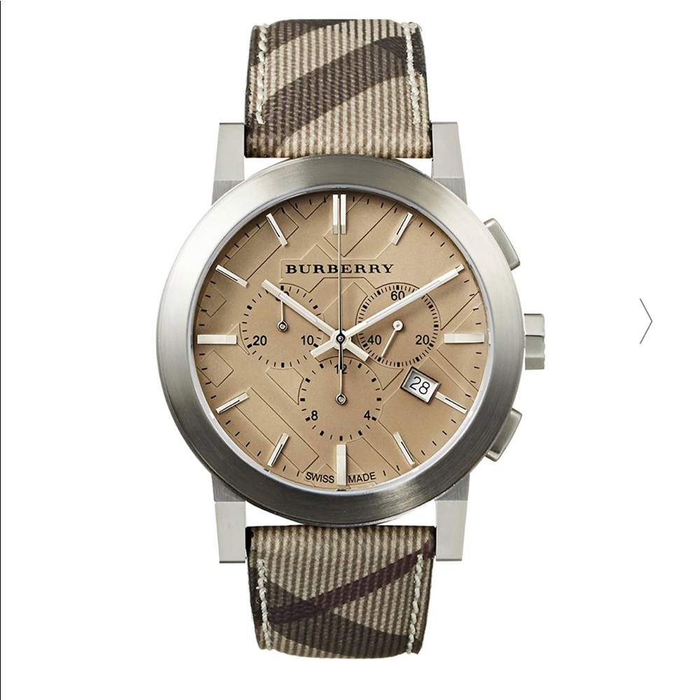 Burberry "the City" BU 9361 watch. Classic Burberry pattern on leather band